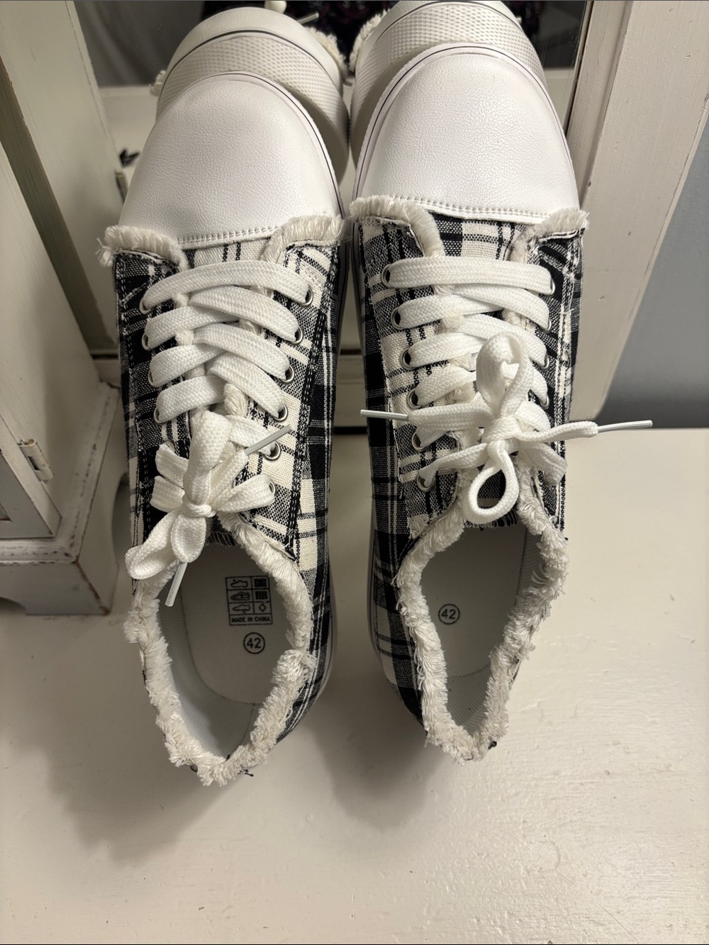 Plaid Lace-Up Sneakers in Black and White